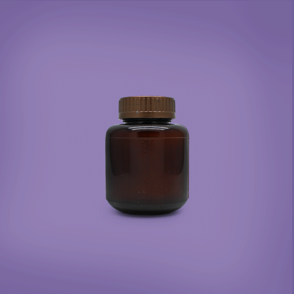 Frasco plástico PVC ámbar de 167 ml con boca rosca de 38 mm para cápsulas, vitaminas, medicamentos y productos farmacéuticos.